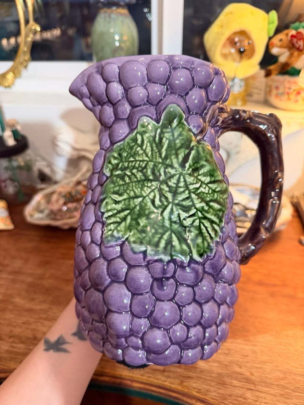 Jay Willfred Purple Grape and Green Leaf Majolica Ceramic Pitcher Jug